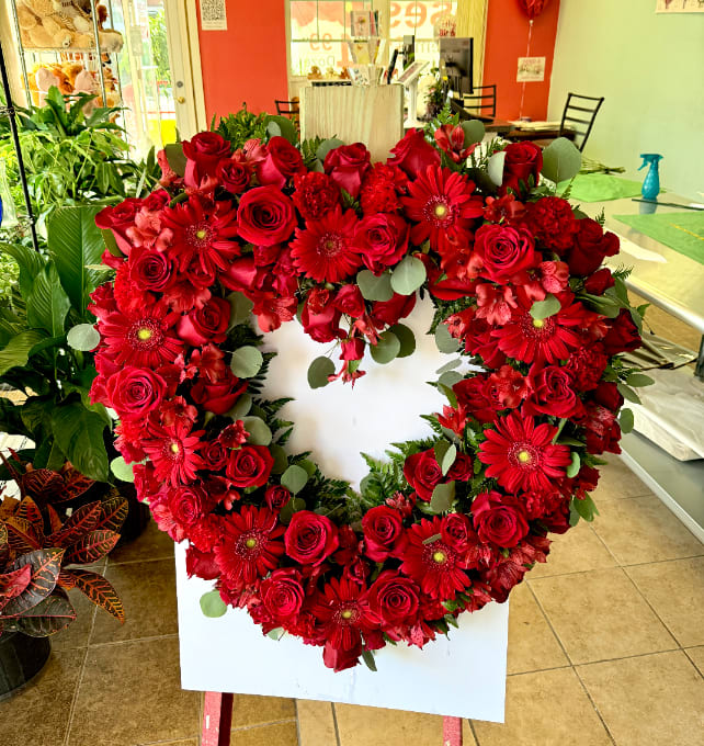 Blessings in Red Open Heart Funeral Wreath