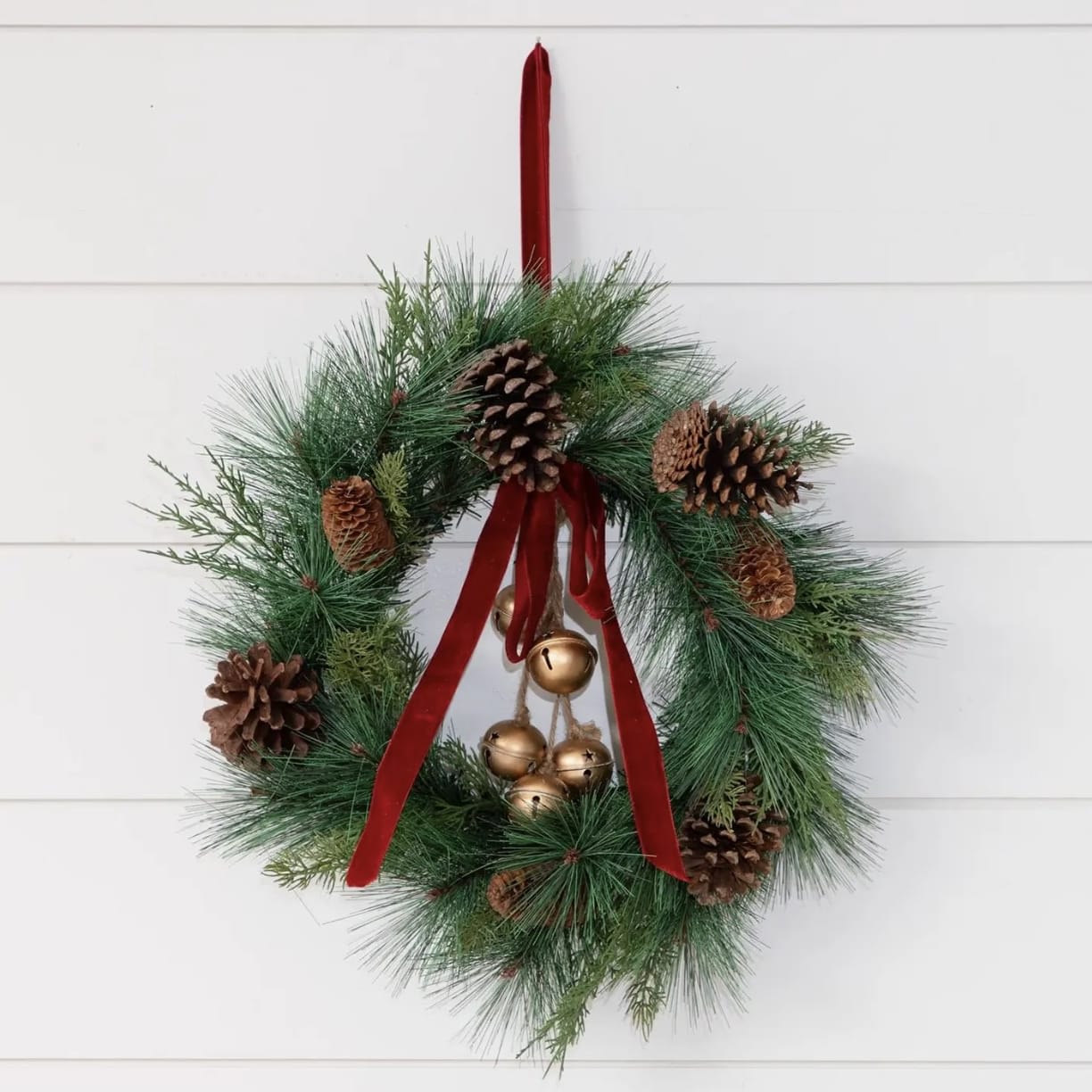 Pine Wreath with Velvet Ribbon and Gold Bells