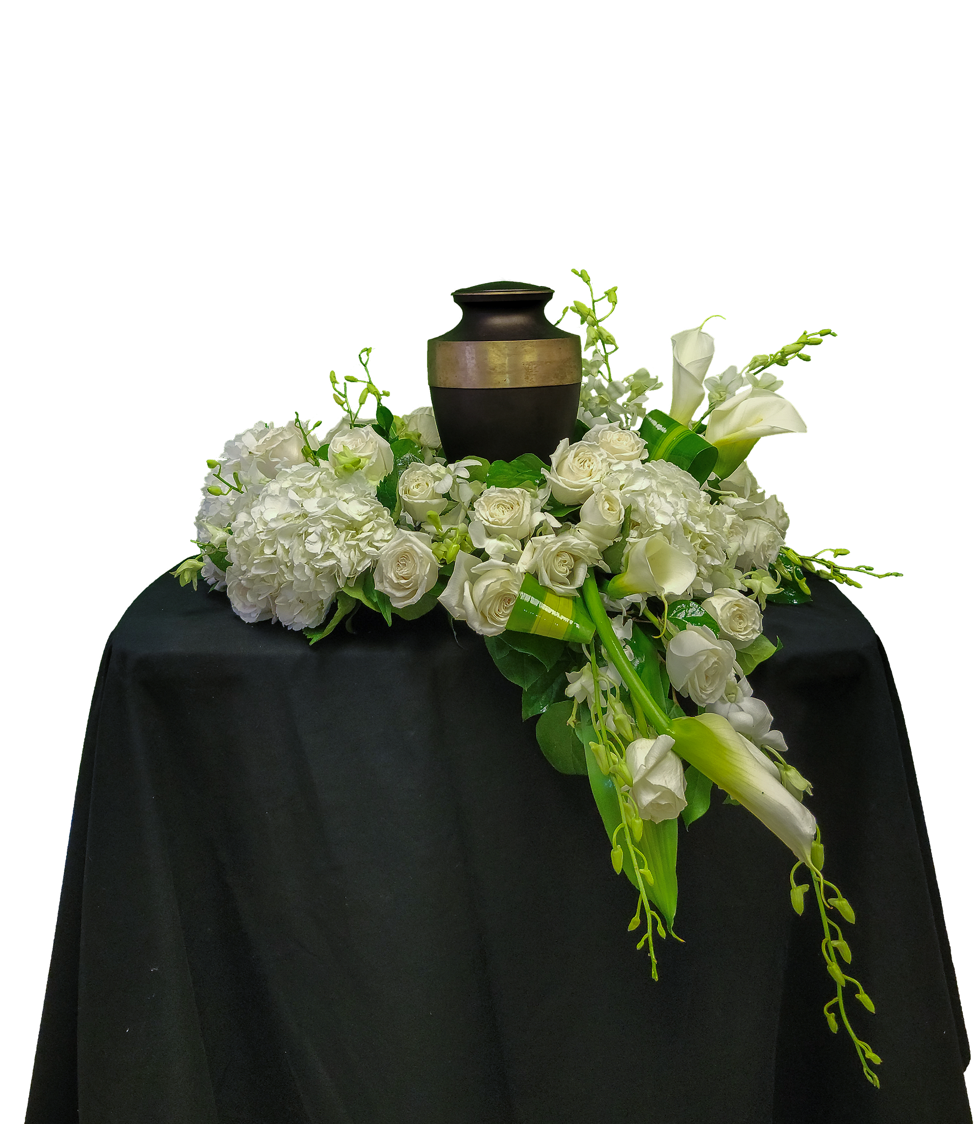AU-7 Arreglo de urna en hortensias, orquí­deas, rosas y lirios cala Flower Bouquet