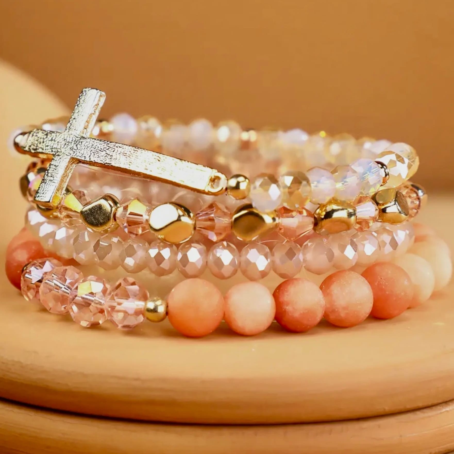 4 Layer Rose Quartz with Cross - Stretch Bracelet