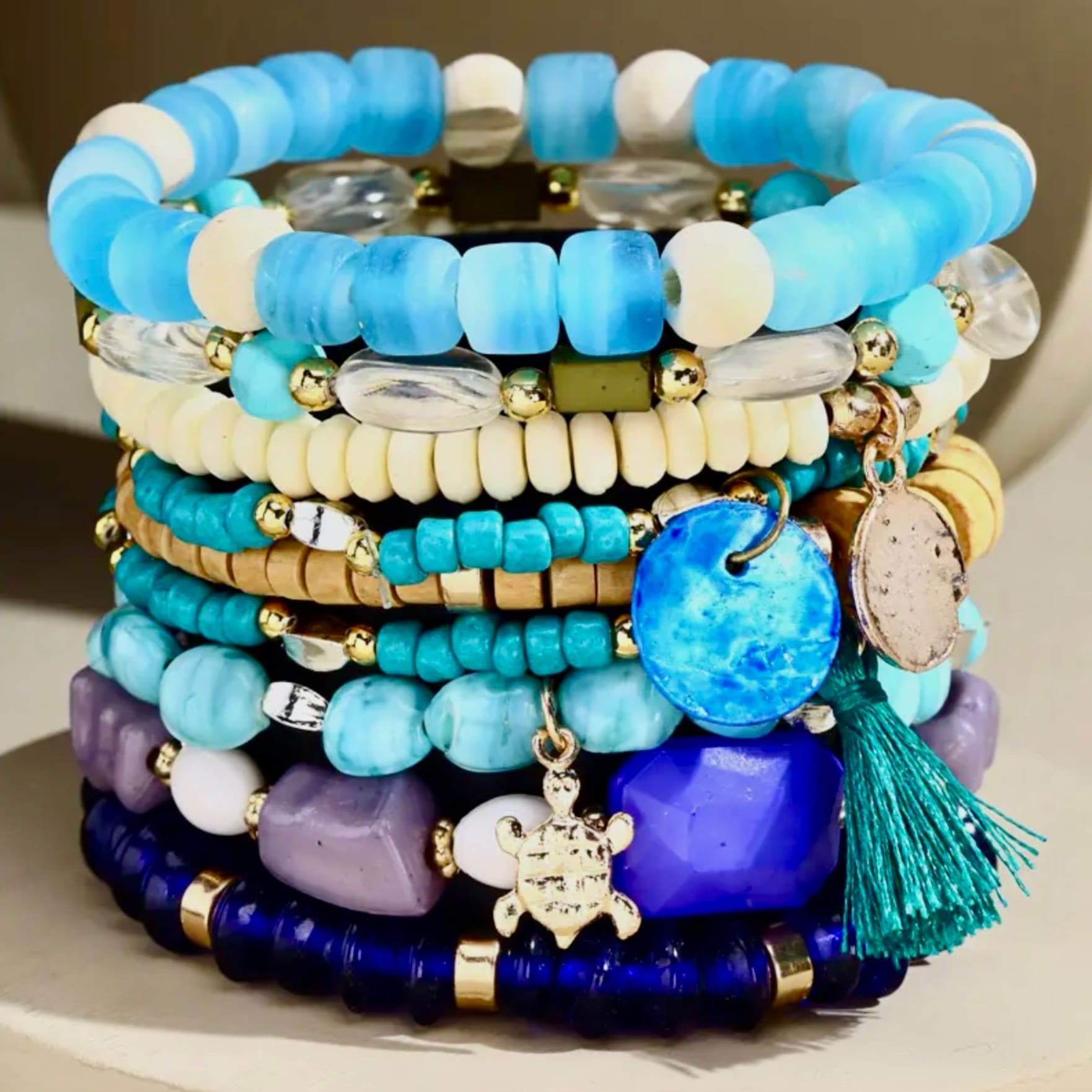 9 Layered Glass & Natural Stone Bead Bracelet - Blue