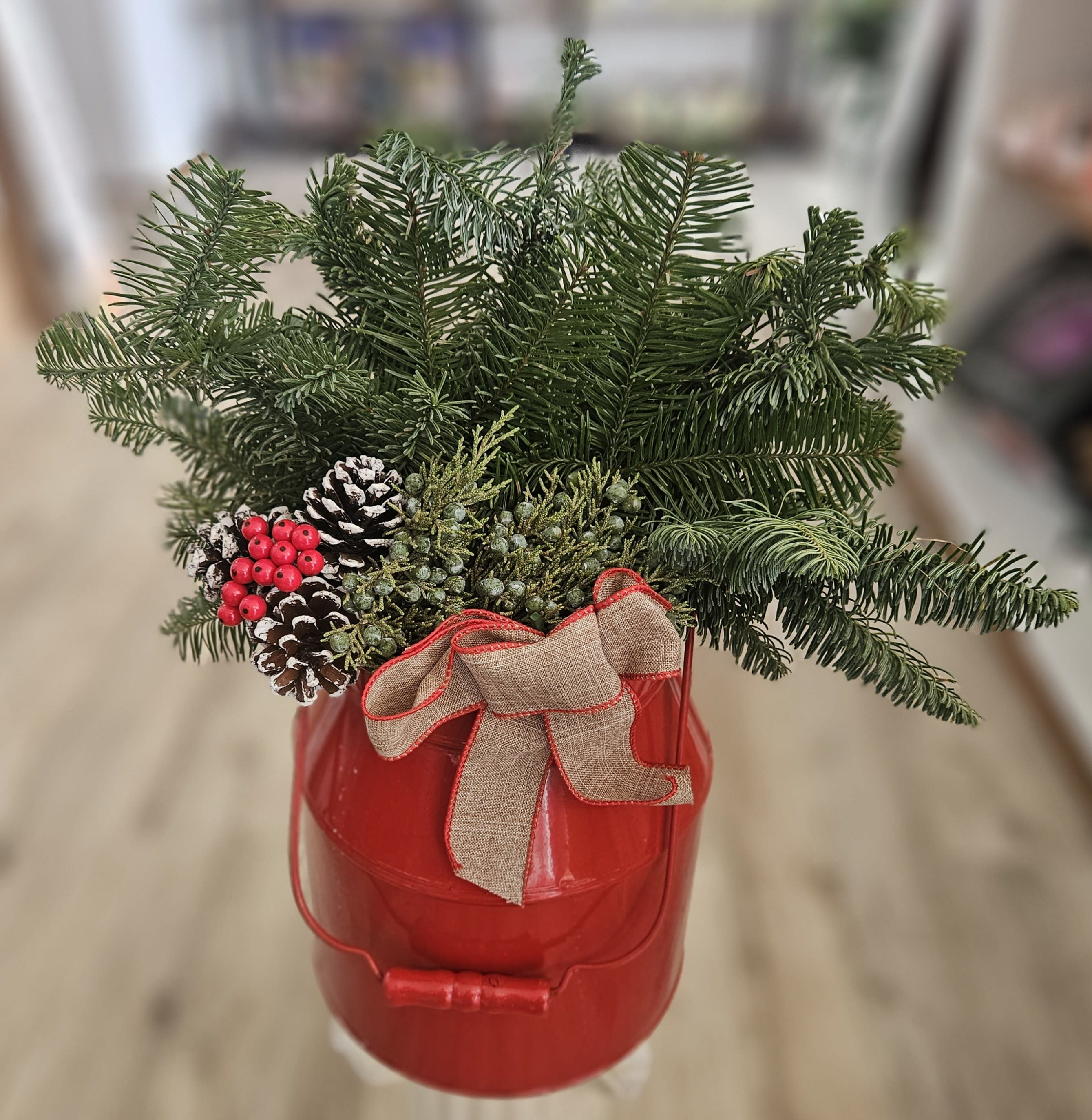 Planter, Red Milk Can 9" Flower Bouquet