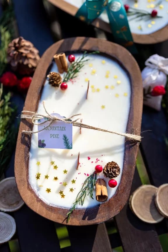 Christmas Wooden Dough Bowl Candle