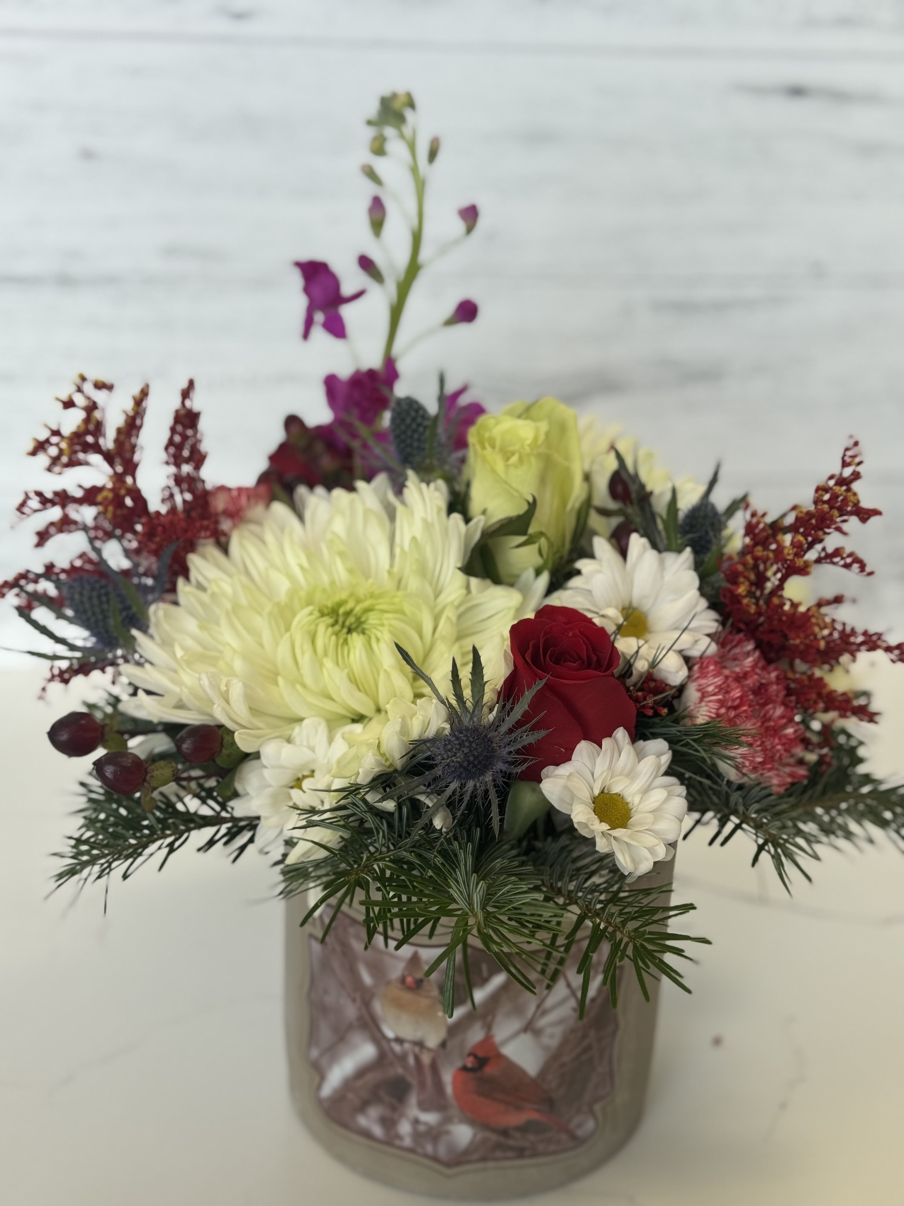 Christmas Cardinal Vase Flower Bouquet