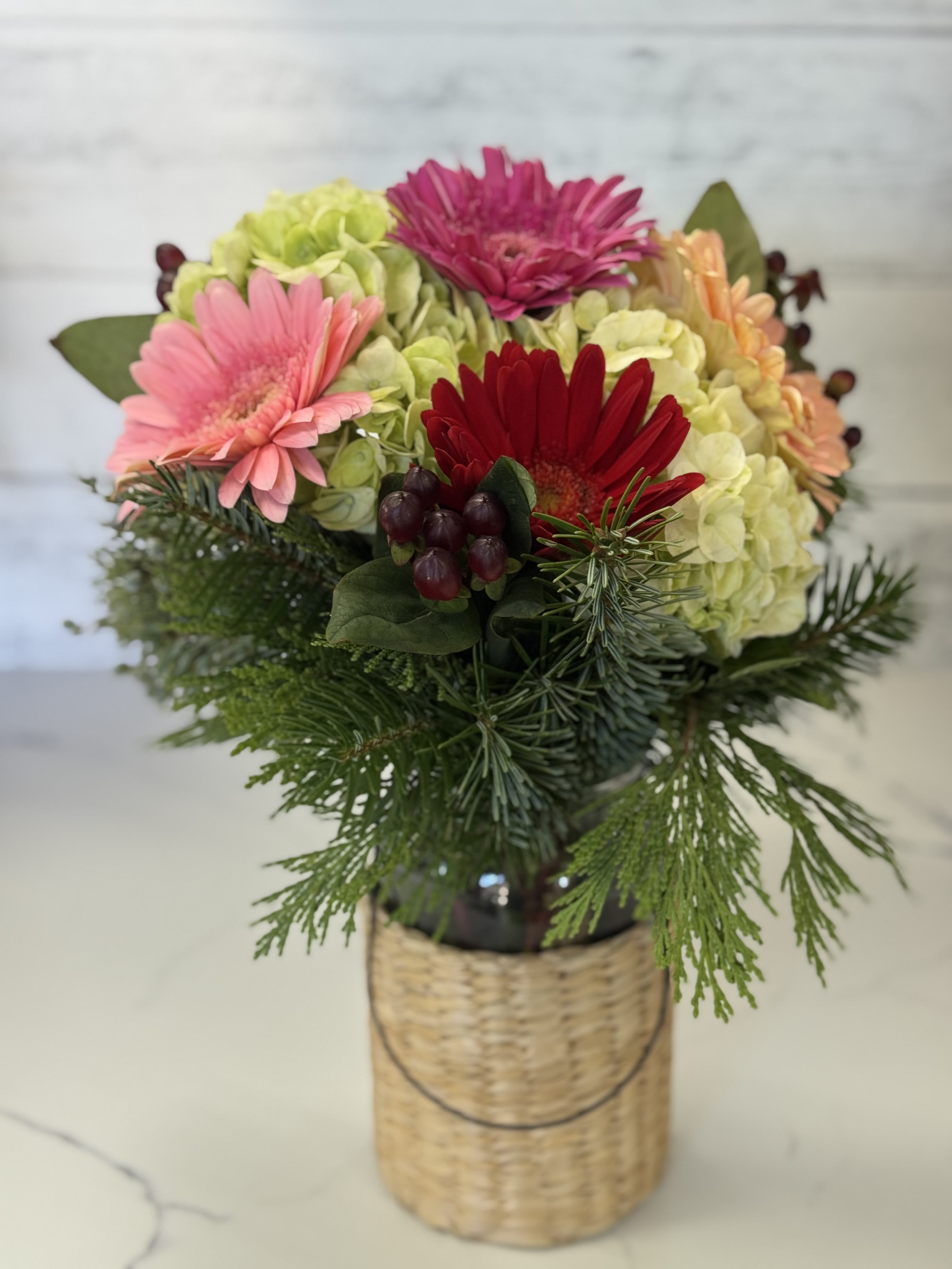 Christmas Hydrangea and Gerber Daisy Vase Flower Bouquet
