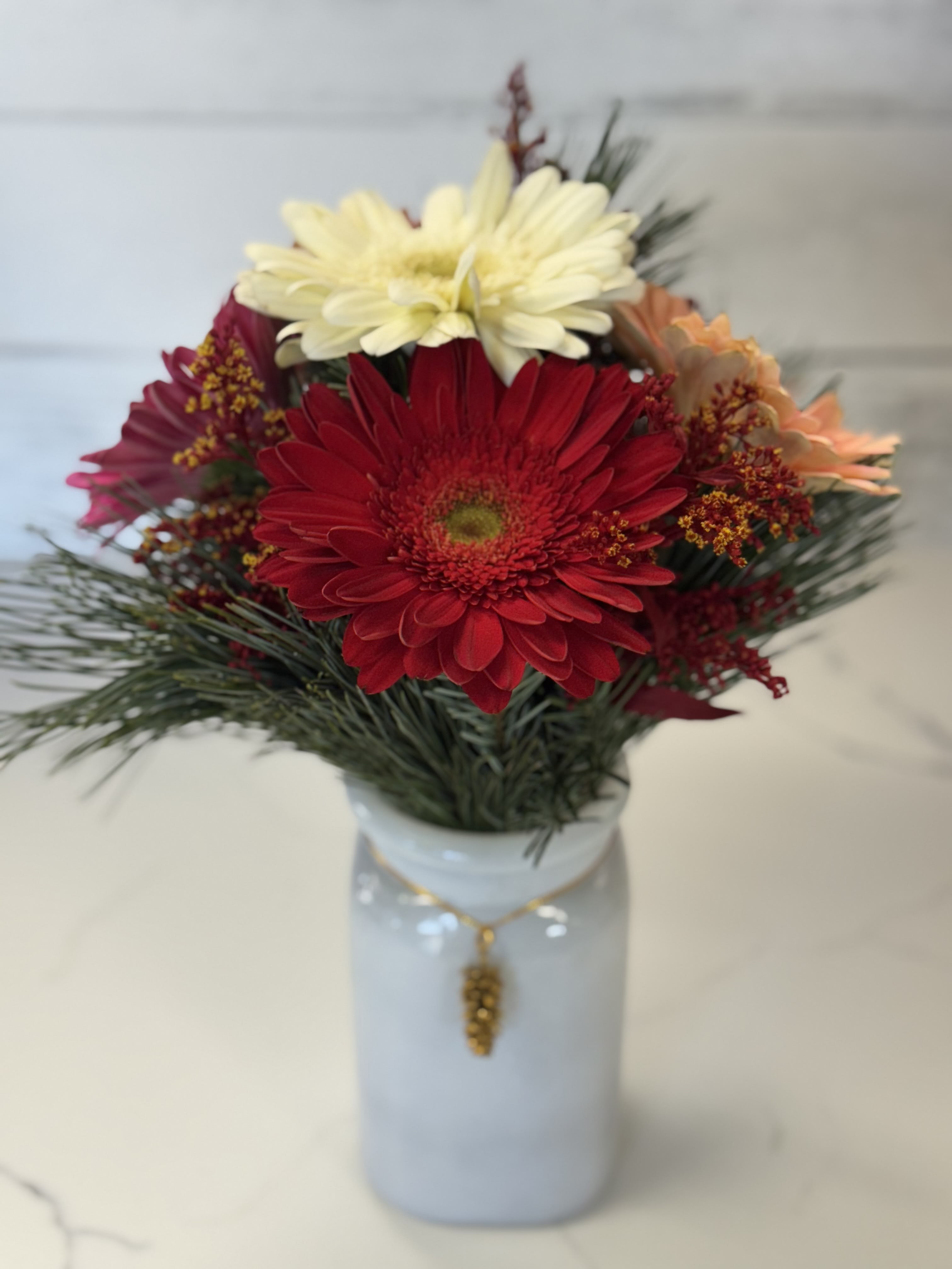 Christmas Gerber Daisy Jar Flower Bouquet