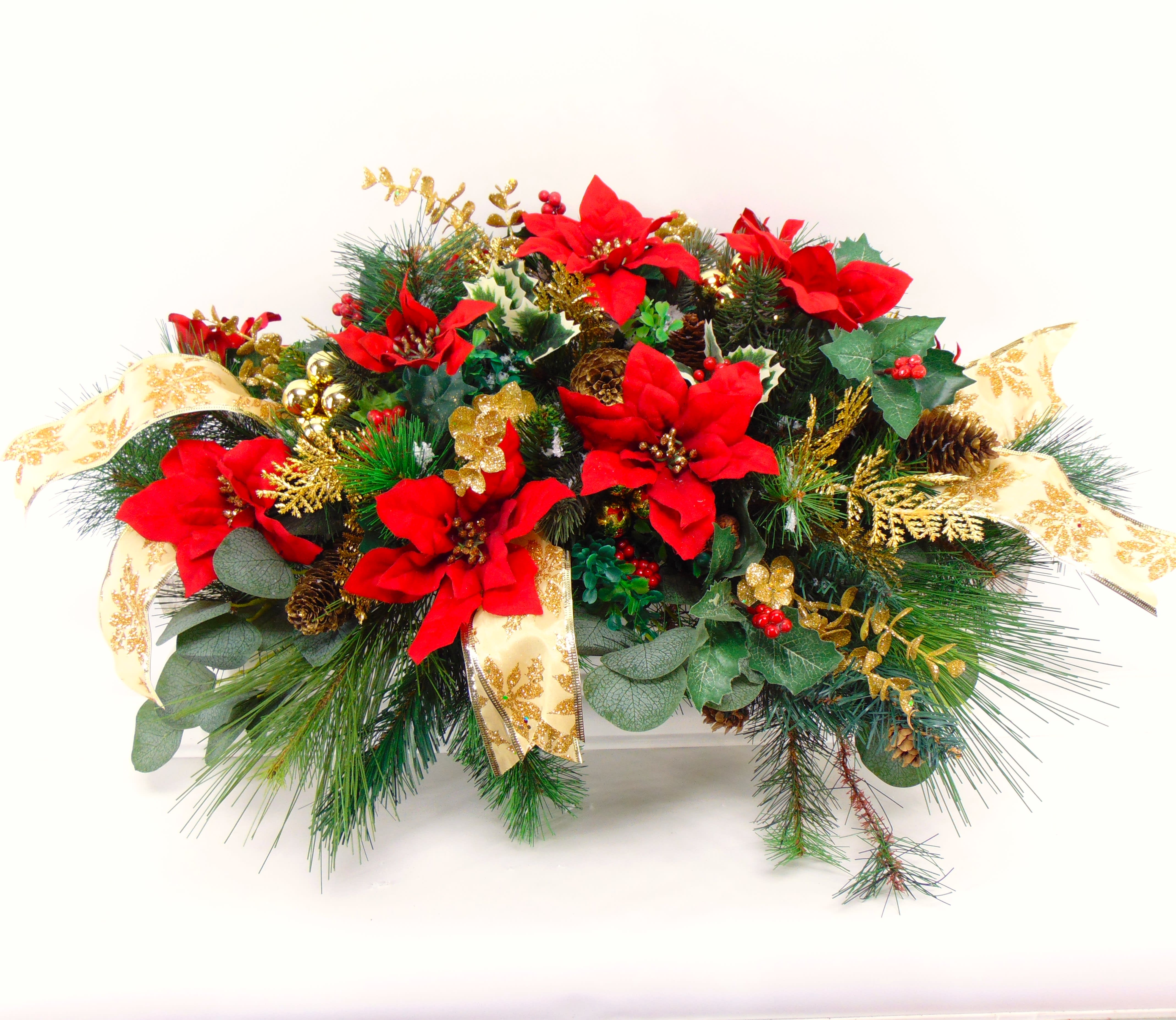 Everlasting Elegant Evergreen & Poinsettia Centerpiece Flower Bouquet