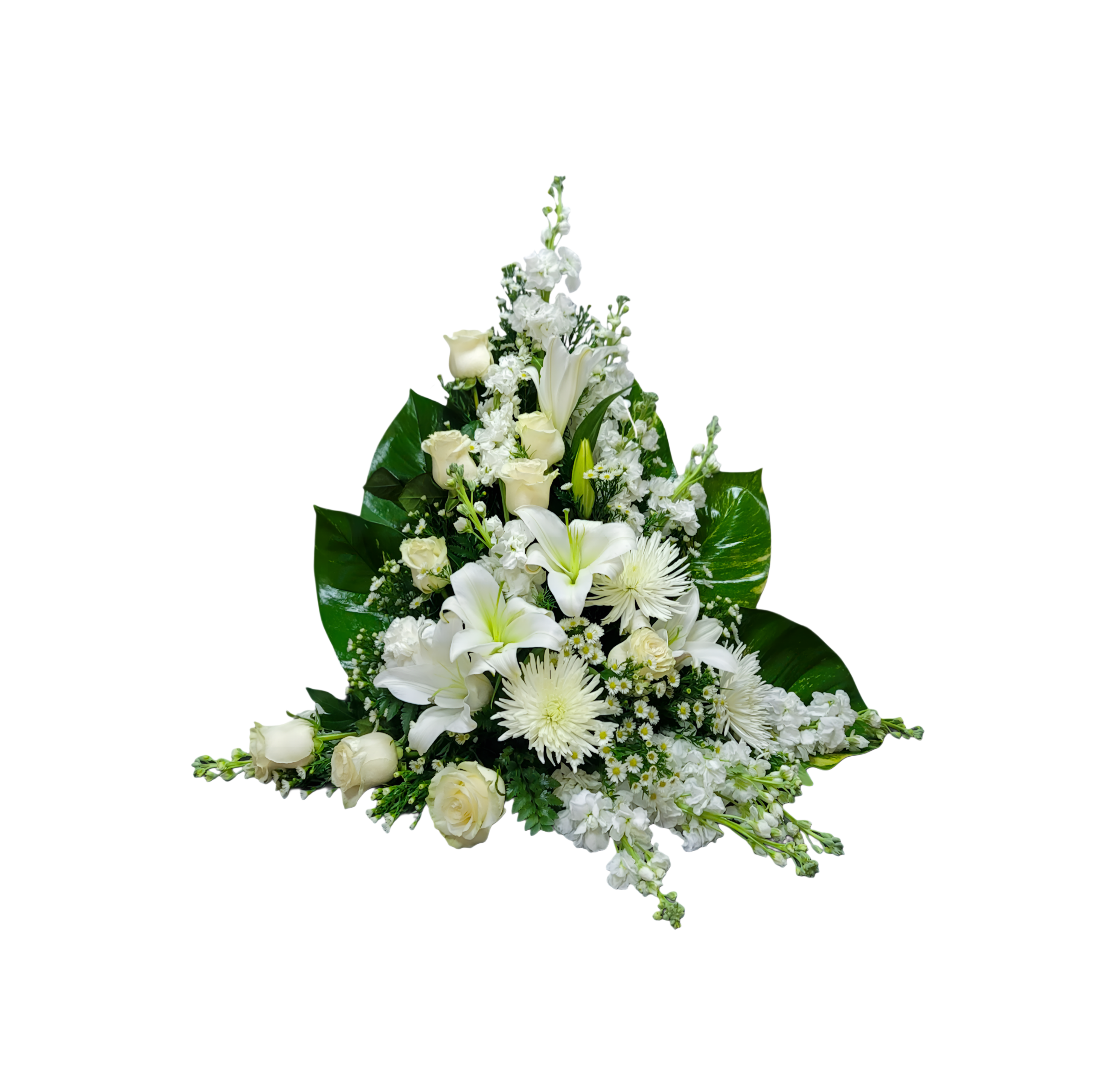 CF-7 Canasta funeral de rosas, stocks, lirios, montecasino y spiders Flower Bouquet