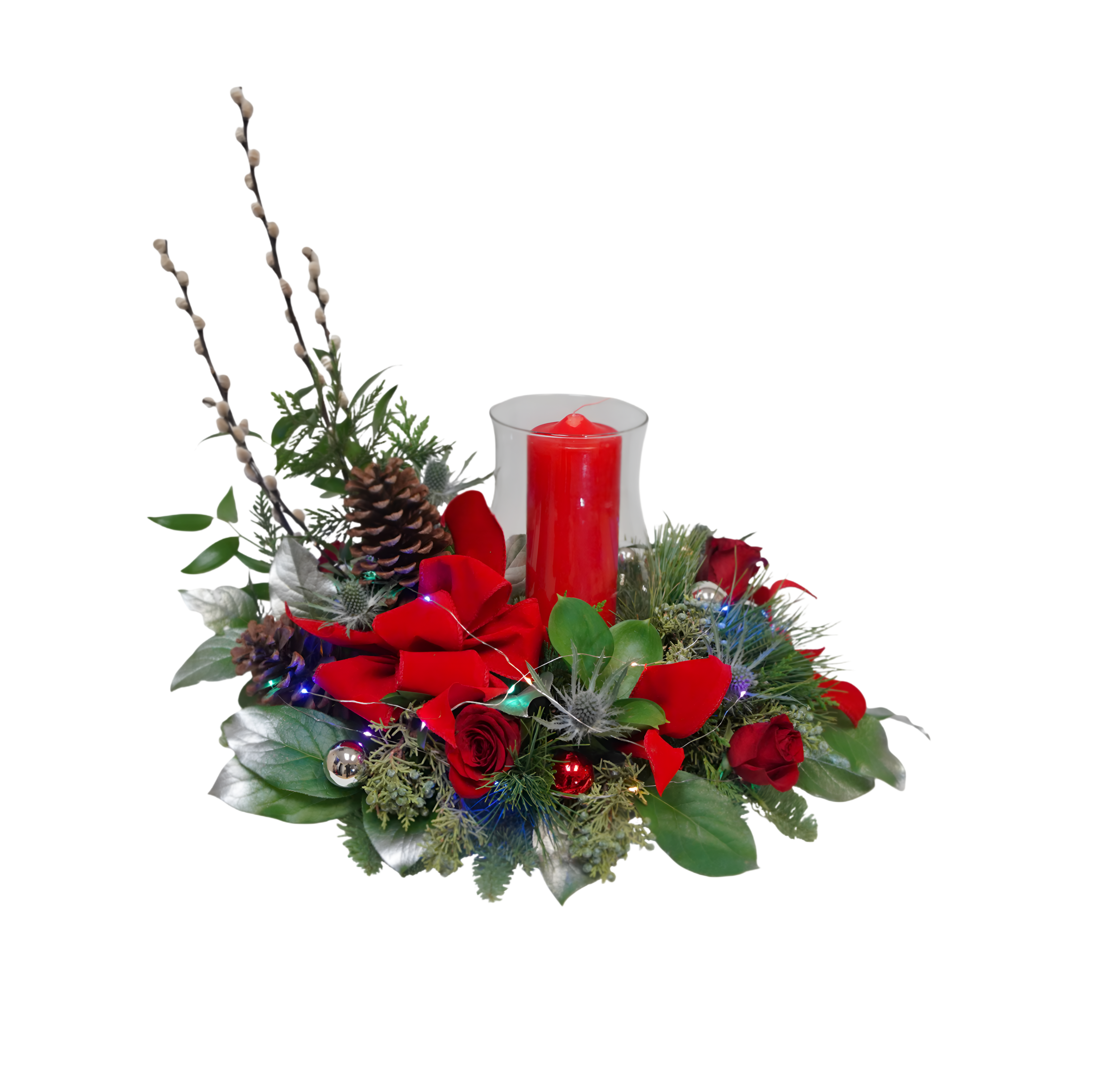 ND-40 Arreglo para centro de mesa navideño de rosas y eryngium con luceas