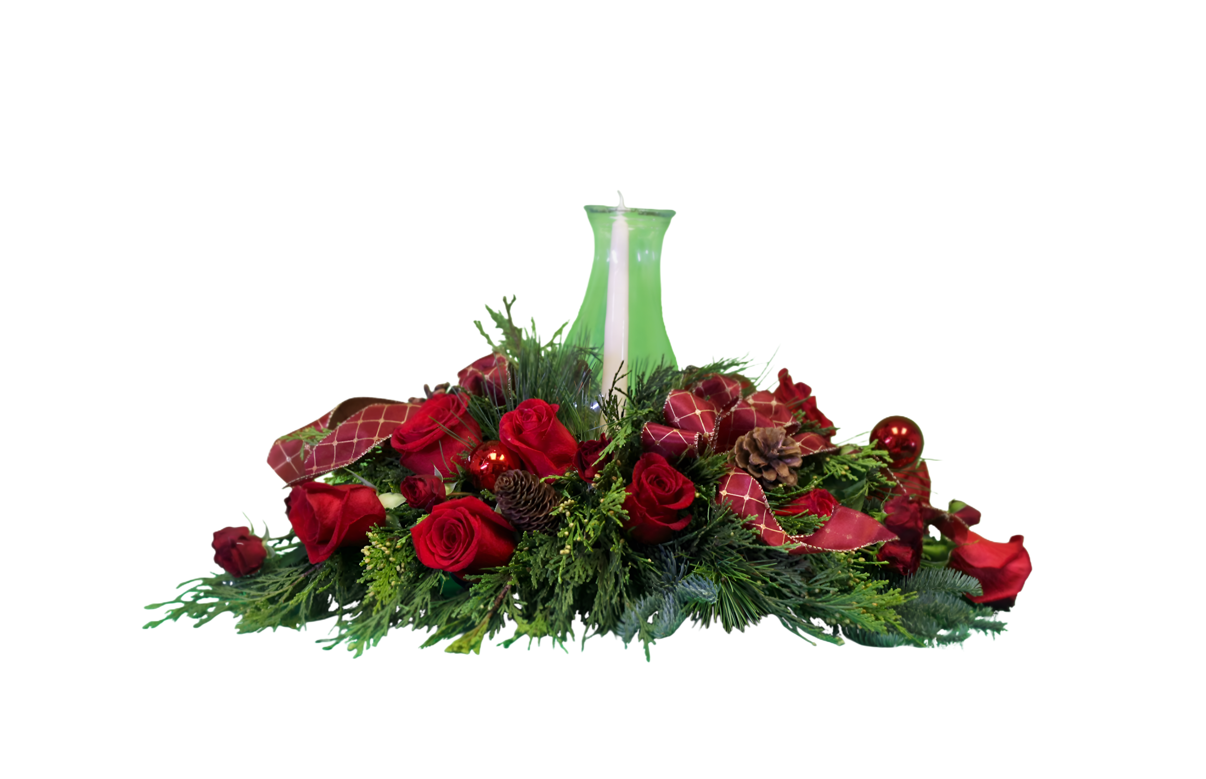 ND-9 Arreglo alargado de rosas, spray roses con follaje y decoración navideño