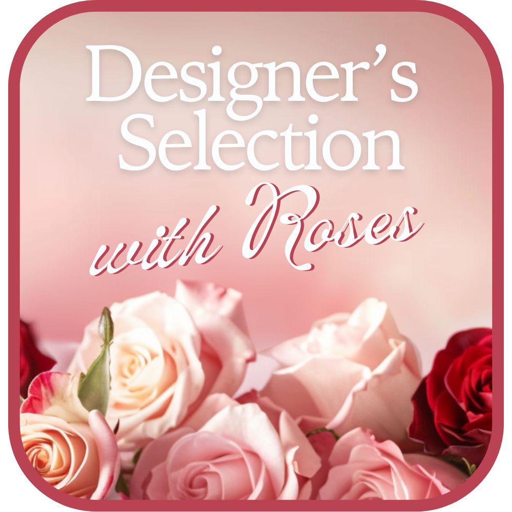 Designer's Choice with Roses in Glass Vase Flower Bouquet