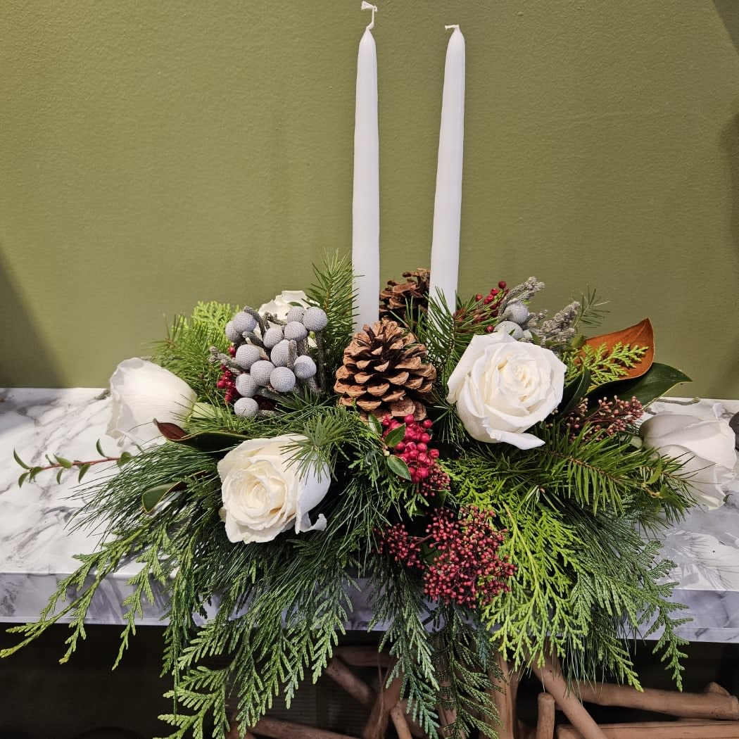 Holiday Centrepiece with White Roses Flower Bouquet