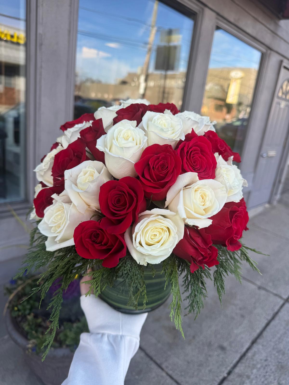 Cranberry & Snowy White Roses Flower Bouquet
