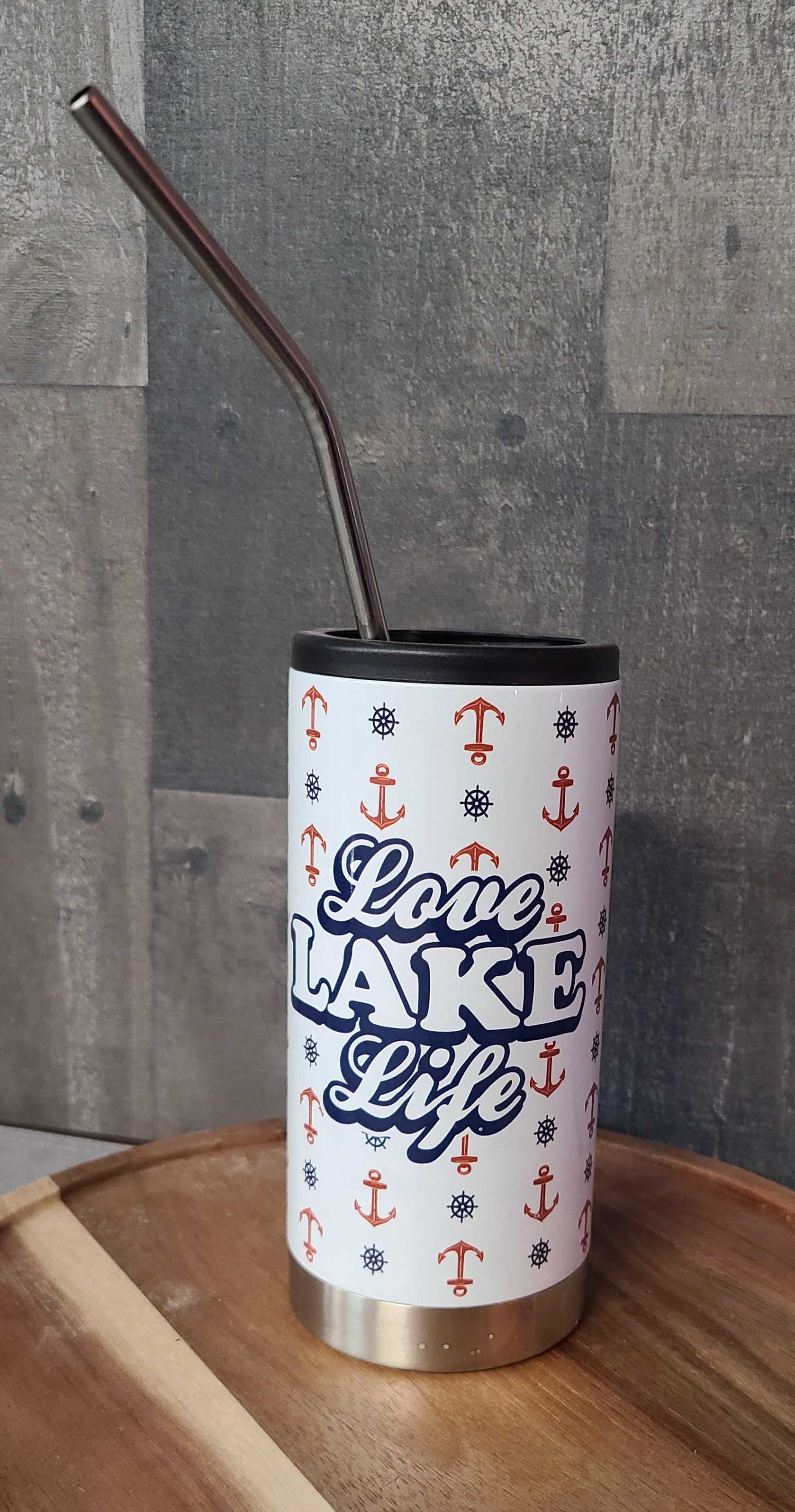 Love Lake Life Slim Can Koozie Flower Bouquet