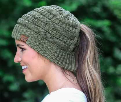 Olive Ponytail Beanie