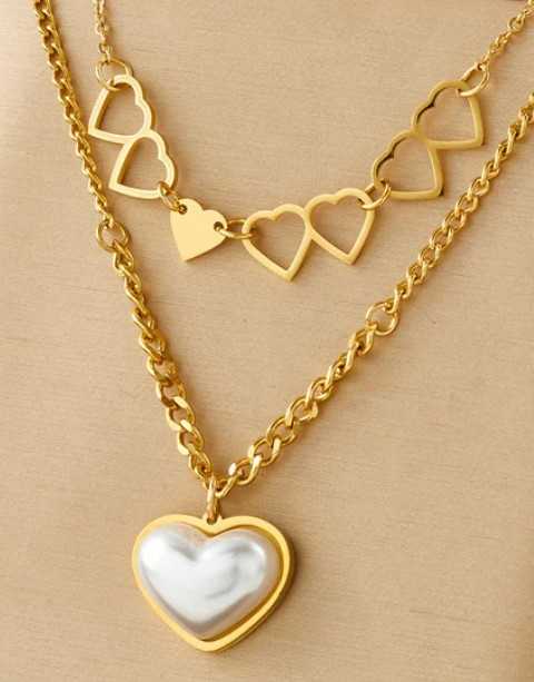 Gold Heart Double Chain Necklace Flower Bouquet