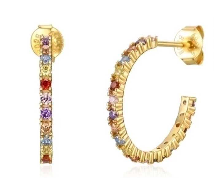 Gold Rainbow Studded Hoop Earrings Flower Bouquet