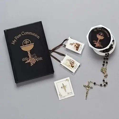 Black/Gold Communion 5-piece Set Rosary, Box, Book,Scapular