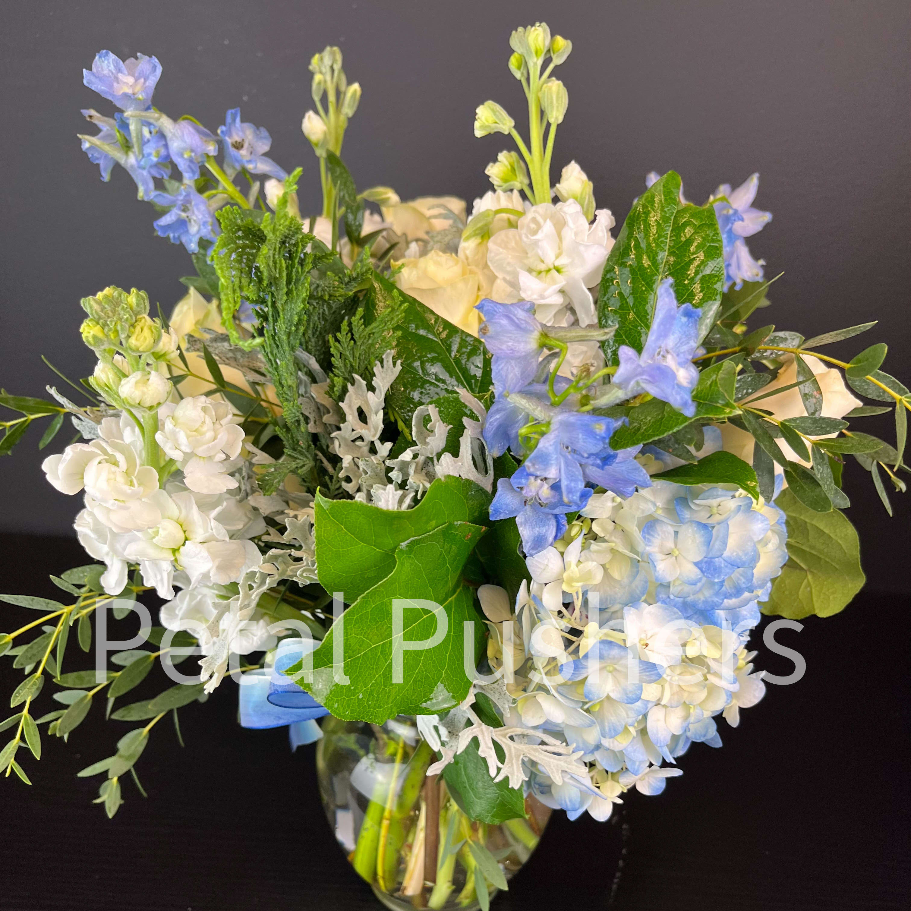 Serence blue and Ivory Garden Flower Bouquet