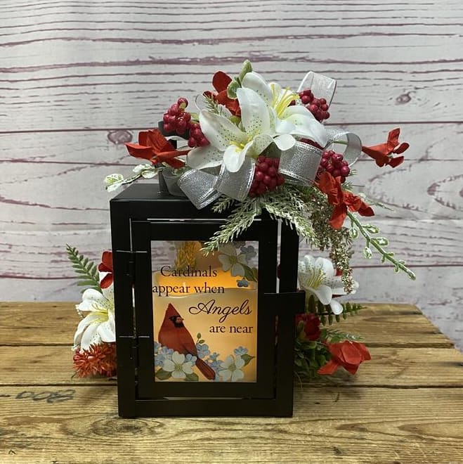 When Angels Are Near Cardinal Lantern with Silk (Artificial) Floral Accents