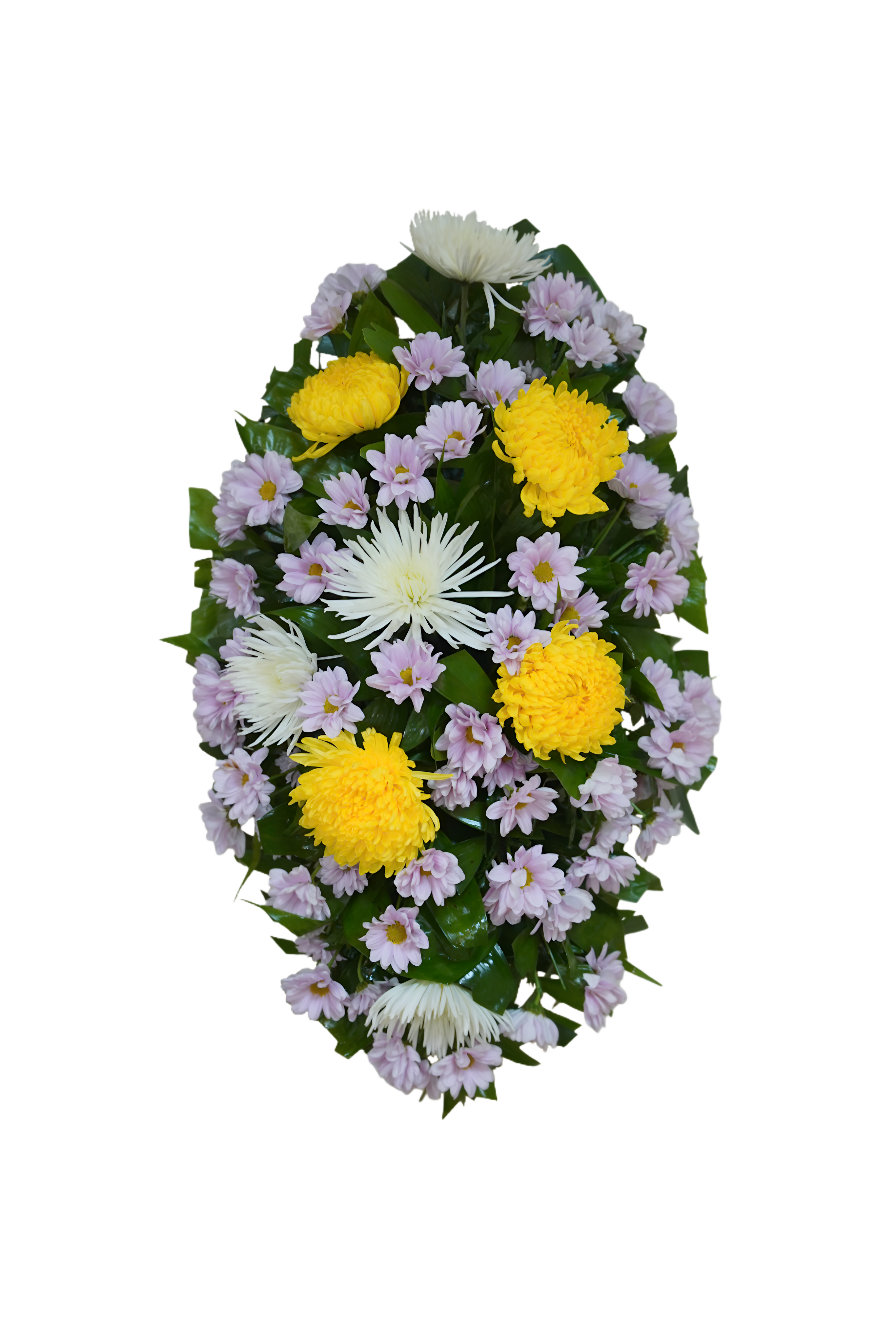 FS-3 Corona de margaritas, spiders y crisantemos con cinta impresa