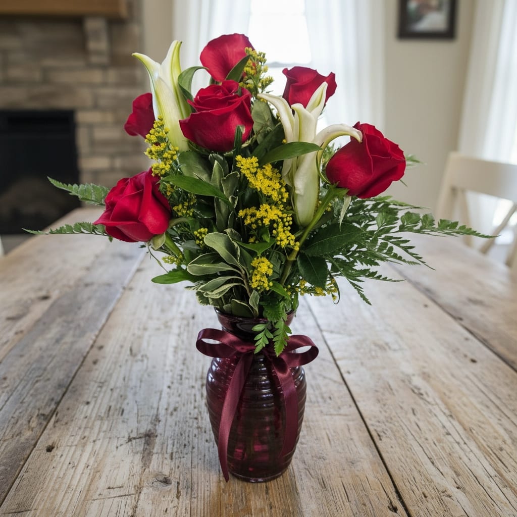 Six Roses With Sunflowers Flower Bouquet
