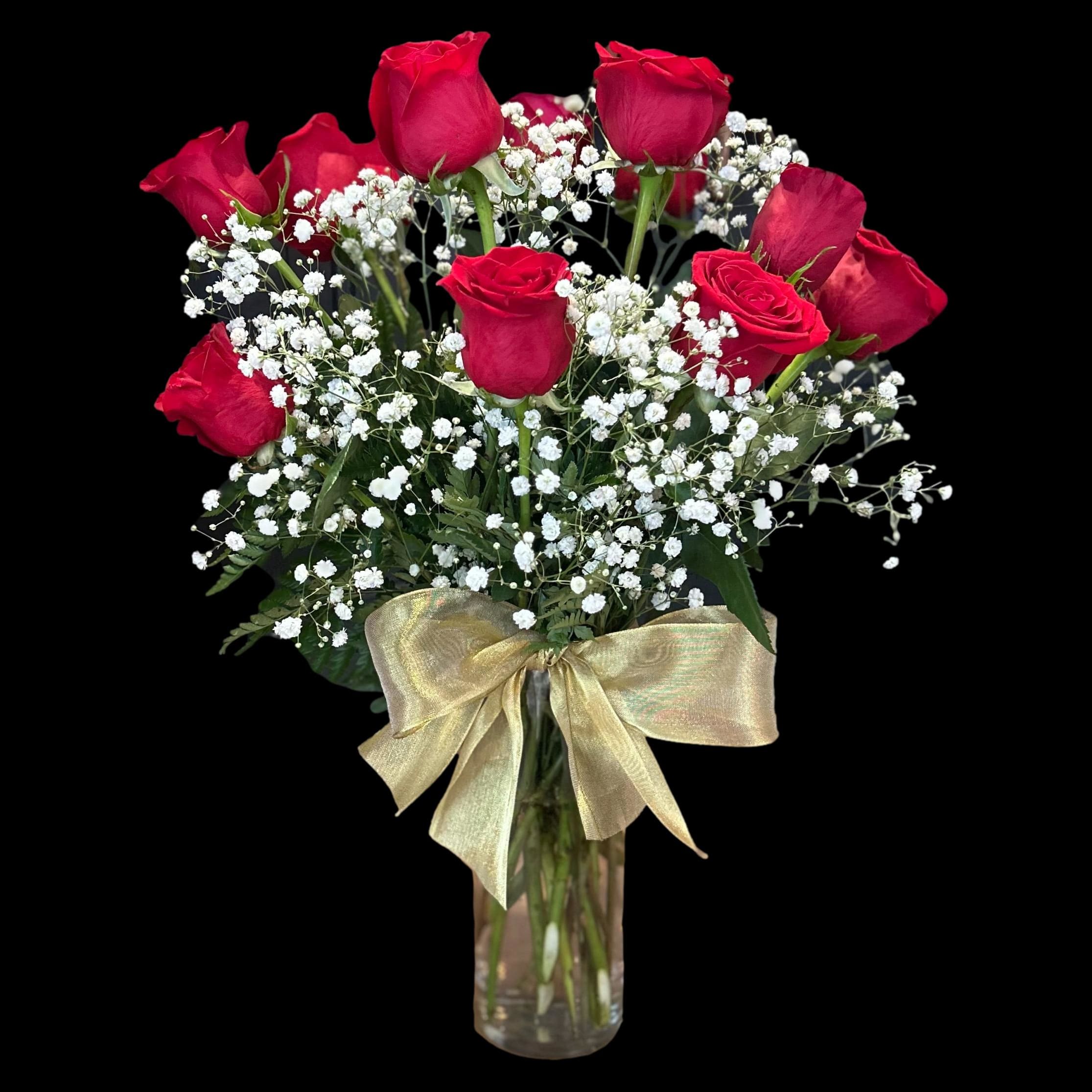 Dozen Roses with Babies Breath