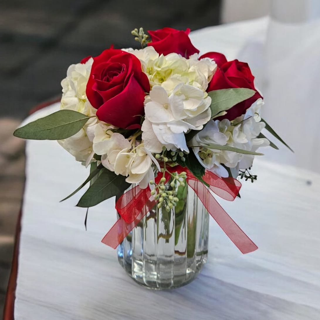 Hydrangea And Rose Mason Jar Flower Bouquet