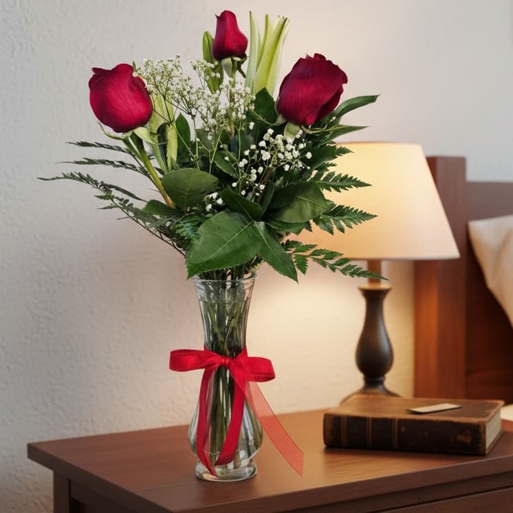 Three Rose With Lilies Flower Bouquet