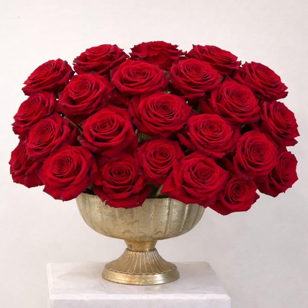 The Grand Amour — Three Dozen Red Roses in Gold Urn Flower Bouquet