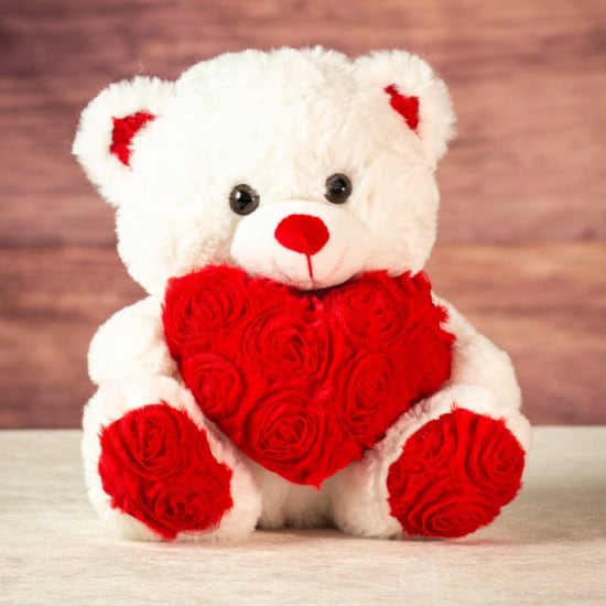10" White Rose Heart Bear