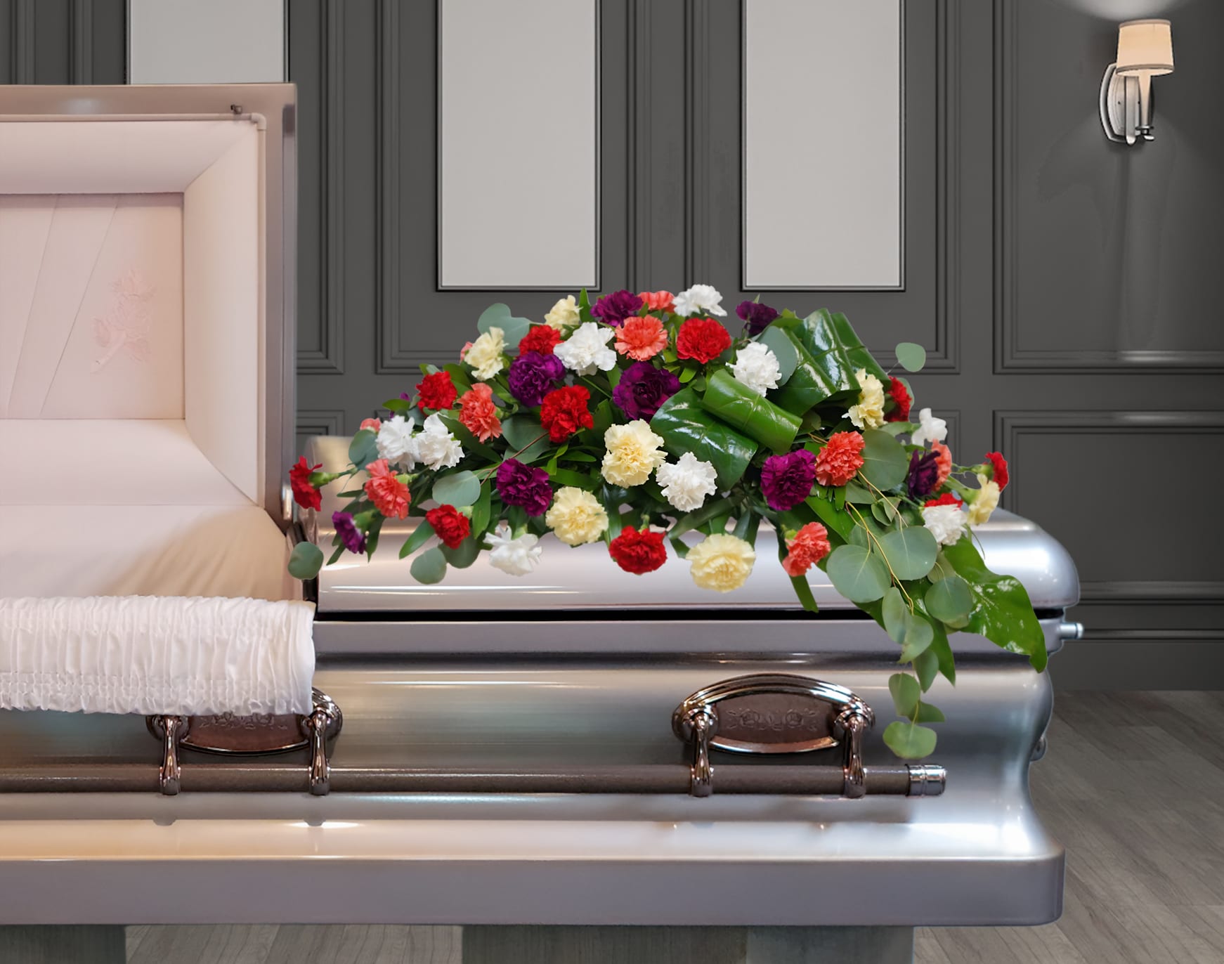 FCC-1 Casket cover de claveles con cinta impresa