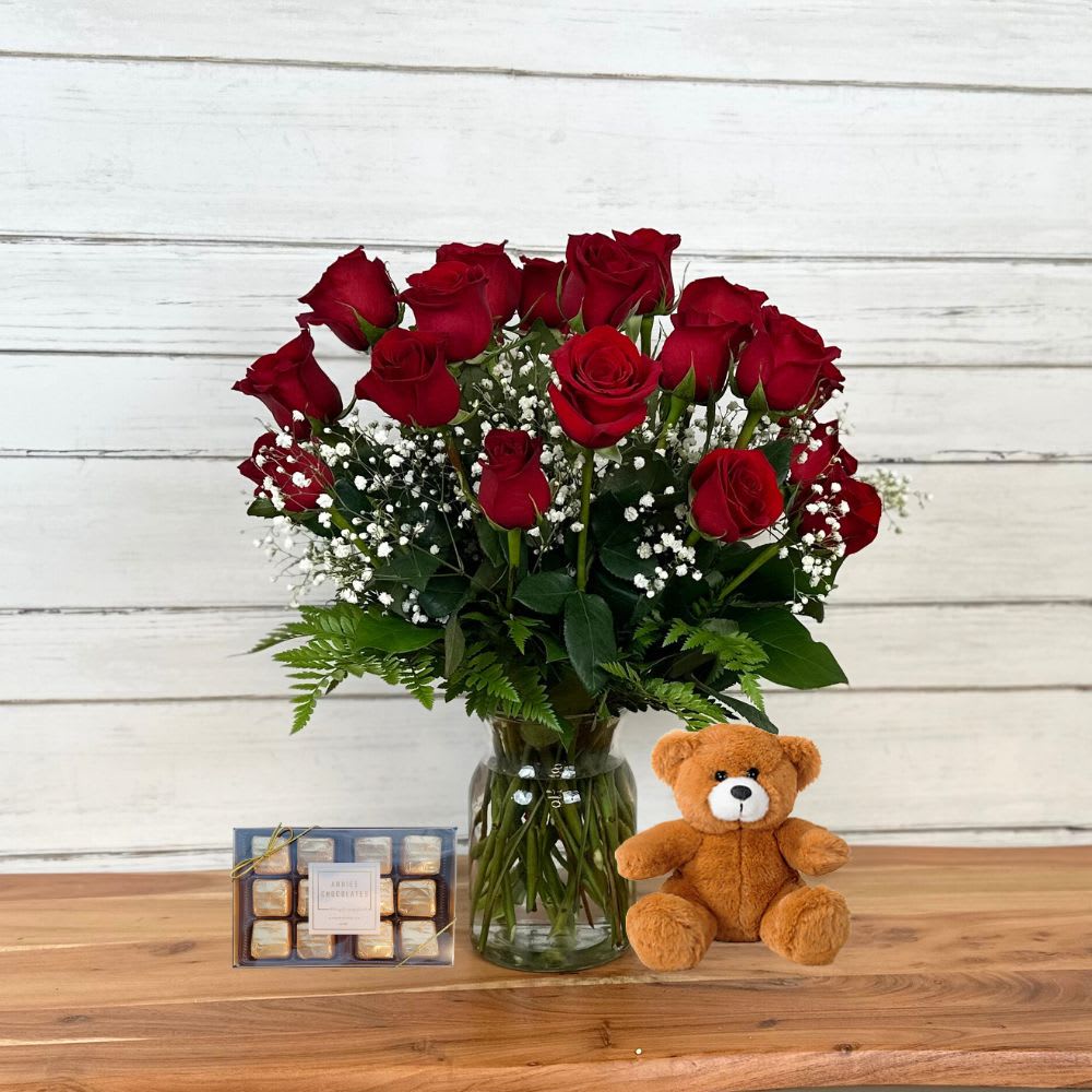 Two Dozen Roses, Stuffy & Chocolates Flower Bouquet