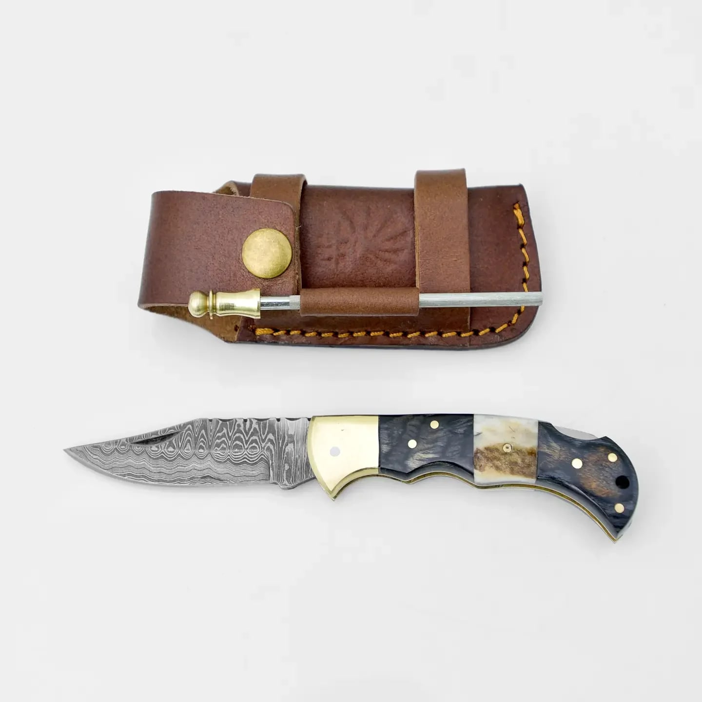 Damascus Steel Pocket Knife Limited Run Black Diamond Wood and Stag Horn