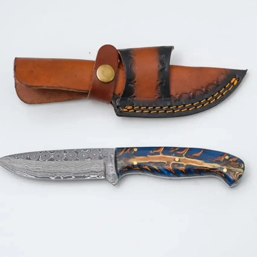 Handmade Damascus Steel Knife with Blue Pine Cone Handle & Leather Sheath