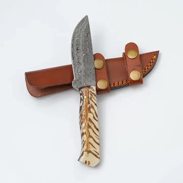Handmade Damascus Steel Knife with Camel Bone Handle & Leather Sheath