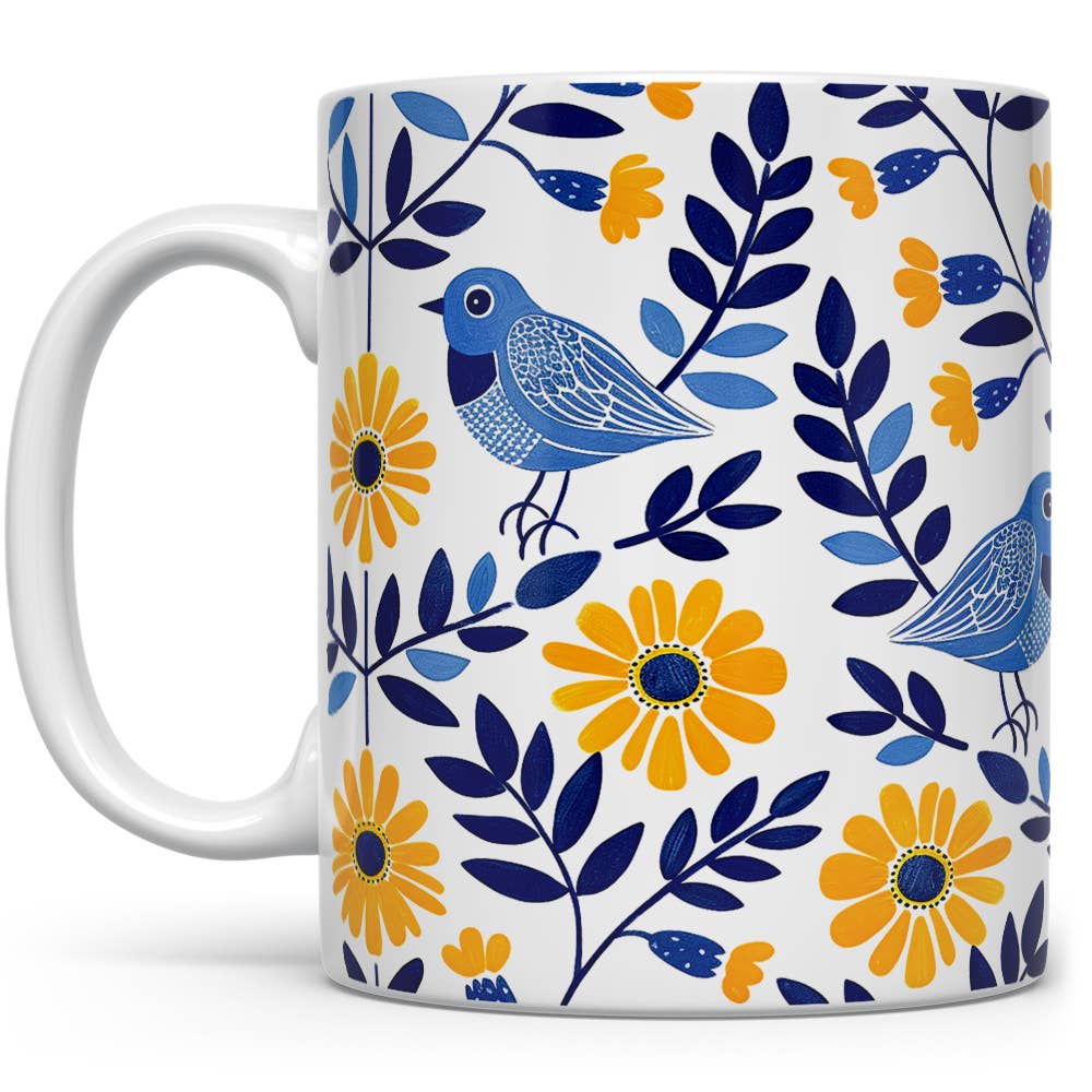 Floral Bird Mug, Nature Flowers Botanical Gifts Flower Bouquet
