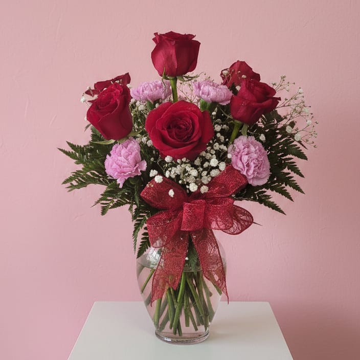 Half Dozen Roses in Vase with carnations
