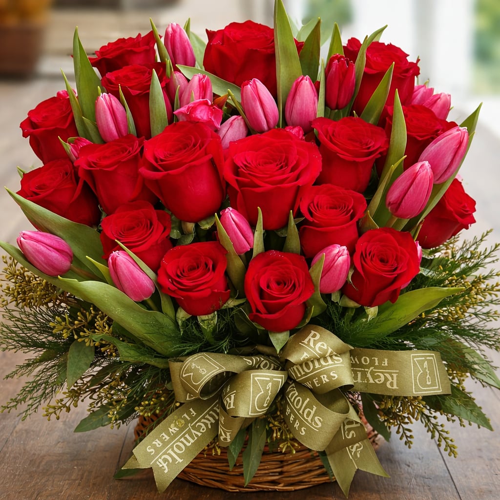 20 Tulip & 20 Rose Cylinder Vase Flower Bouquet