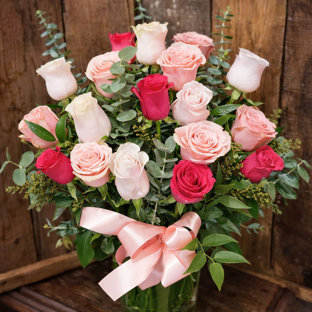 Premium 18 Long Stemmed Assorted Pink Roses Vase Flower Bouquet