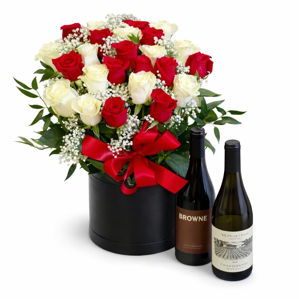 Red & White Roses and Red & White Wine! Flower Bouquet