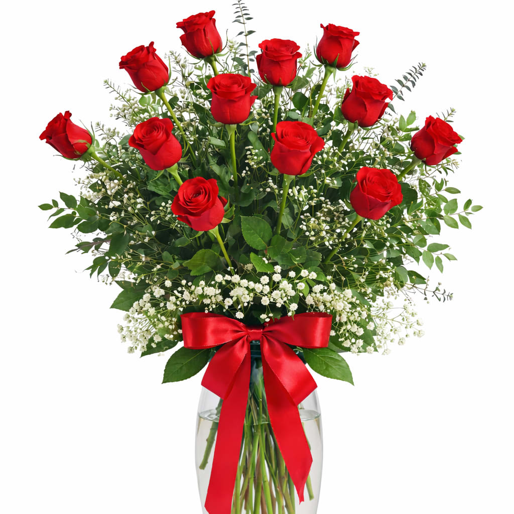 One Dozen Premium Long Stem Roses In A Vase Flower Bouquet