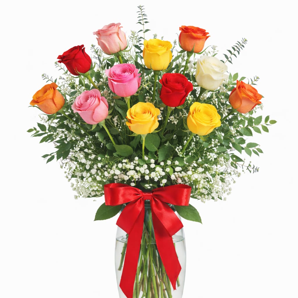 One Dozen Premium Long Stem Mixed Color Roses In A Vase