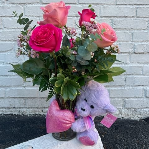 6 Mixed Colored Roses with 10" Lavender Bear