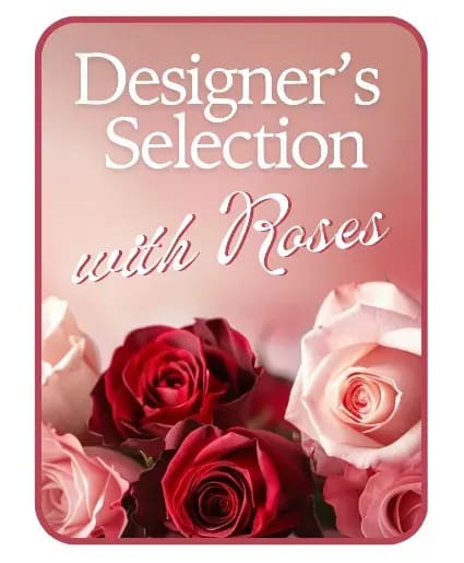 DESIGNER'S CHOICE WITH ROSES IN GLASS VASE FLOWER ARRANGEMENT Flower Bouquet