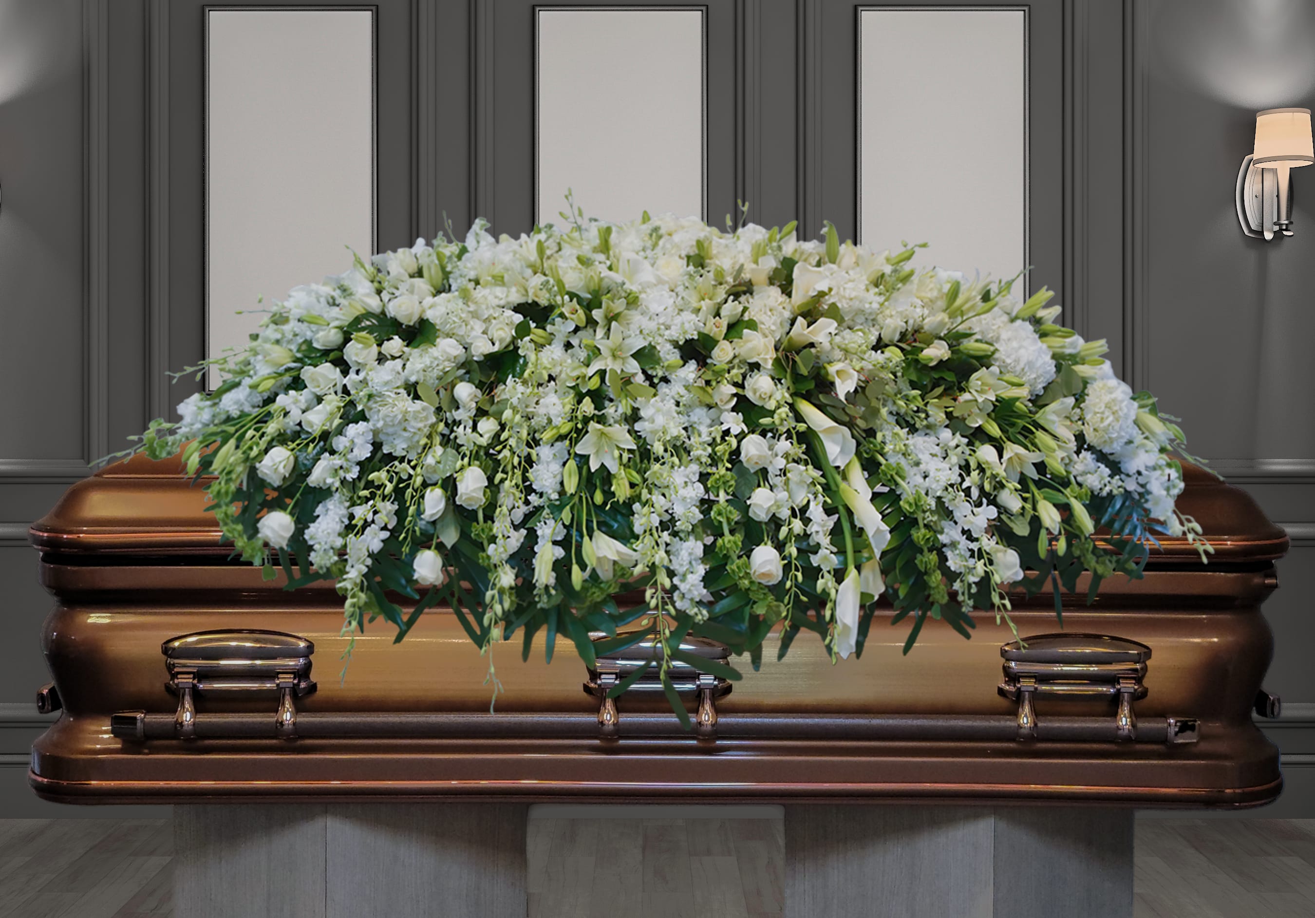 FCC-18 Casket cover de rosas, lirios, orquídeas, hortensias, stock y lirios cala con cinta impresa