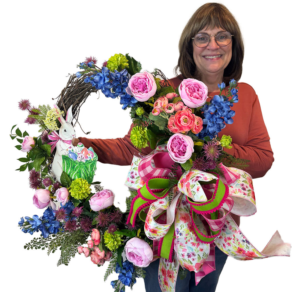 Bunny in Bloom Spring Grapevine Wreath Flower Bouquet