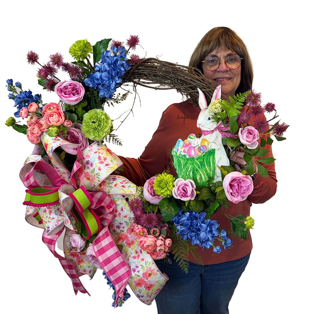 Bunny in Bloom Spring Grapevine Wreath 2 Flower Bouquet