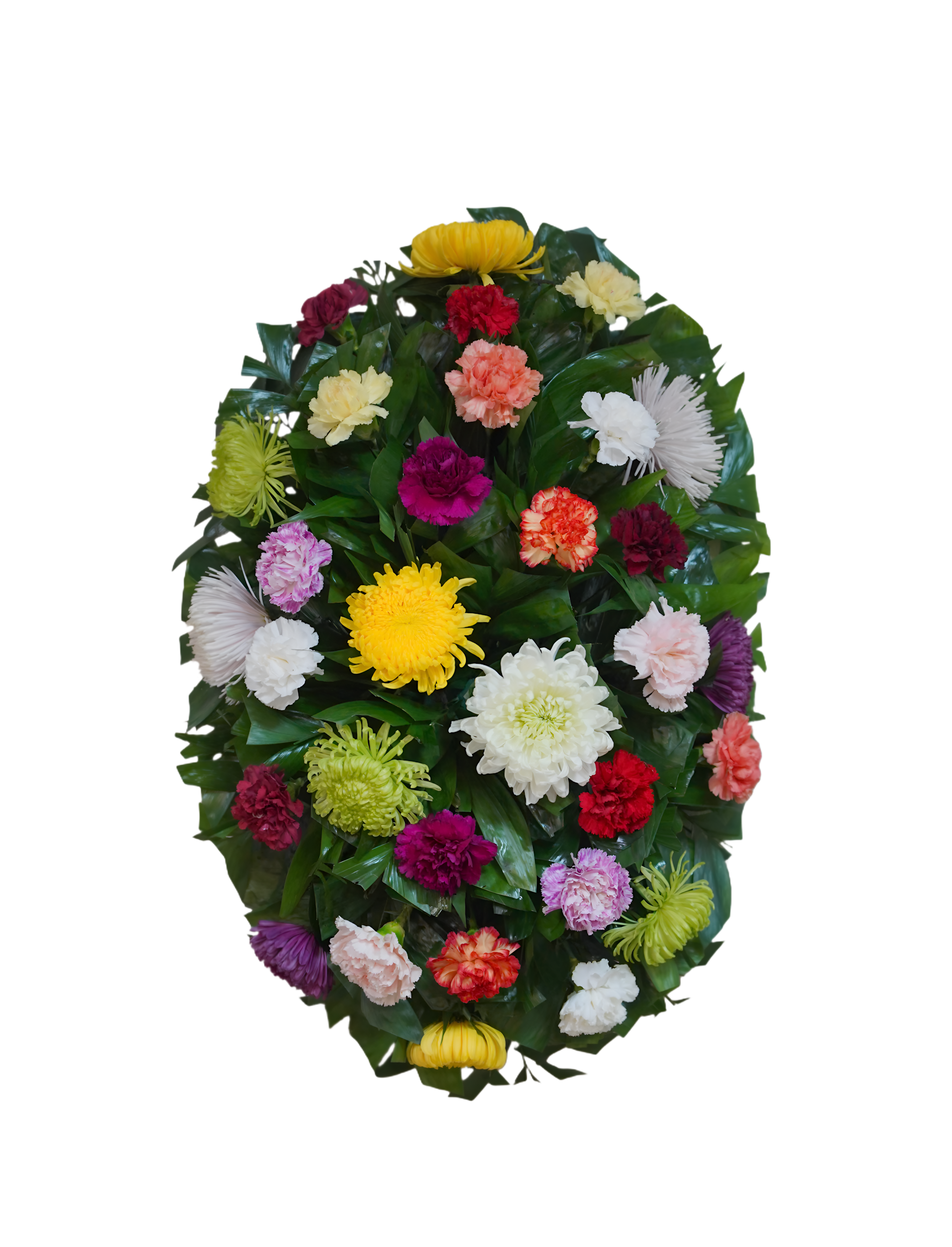 C-6 Corona de spiders, claveles y crisantemos con cinta impresa