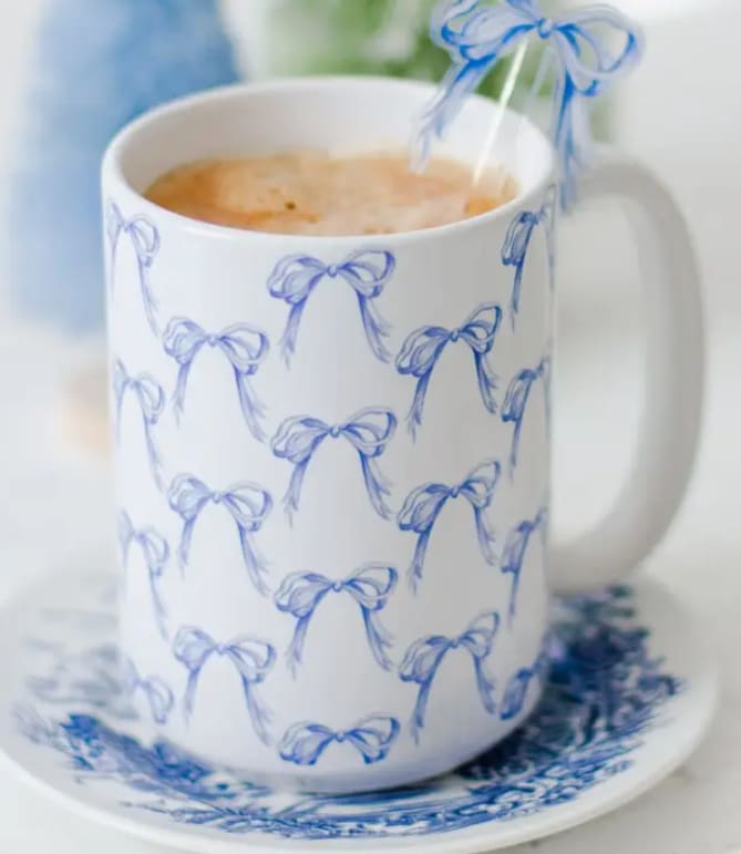 Blue and White Grandmillennial Bows 15oz Tall Watercolor Mug Flower Bouquet